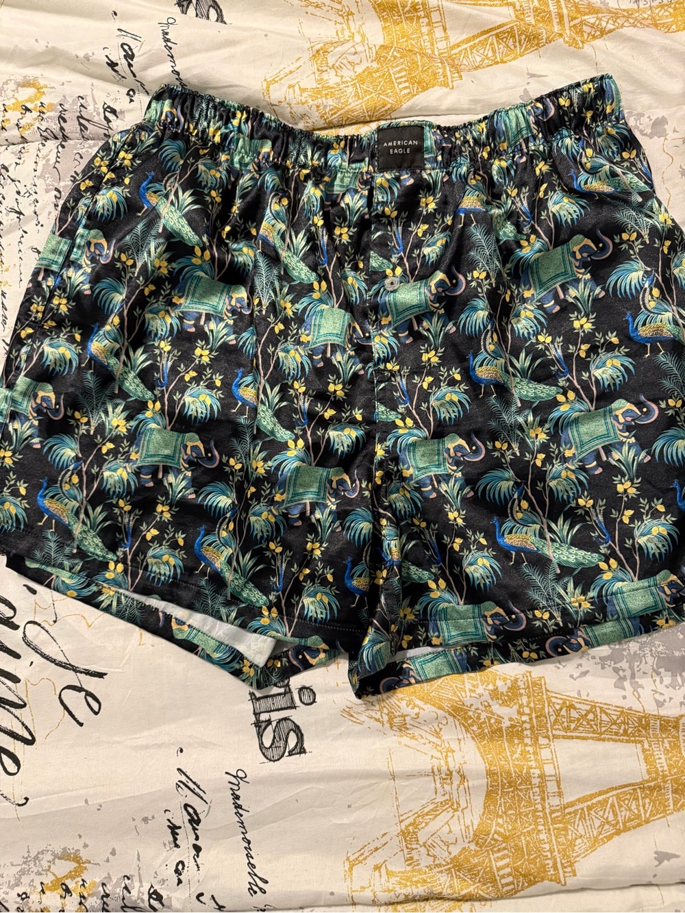 American Eagle Outfitters Black Boxers with Teal & Yellow Tropical Print